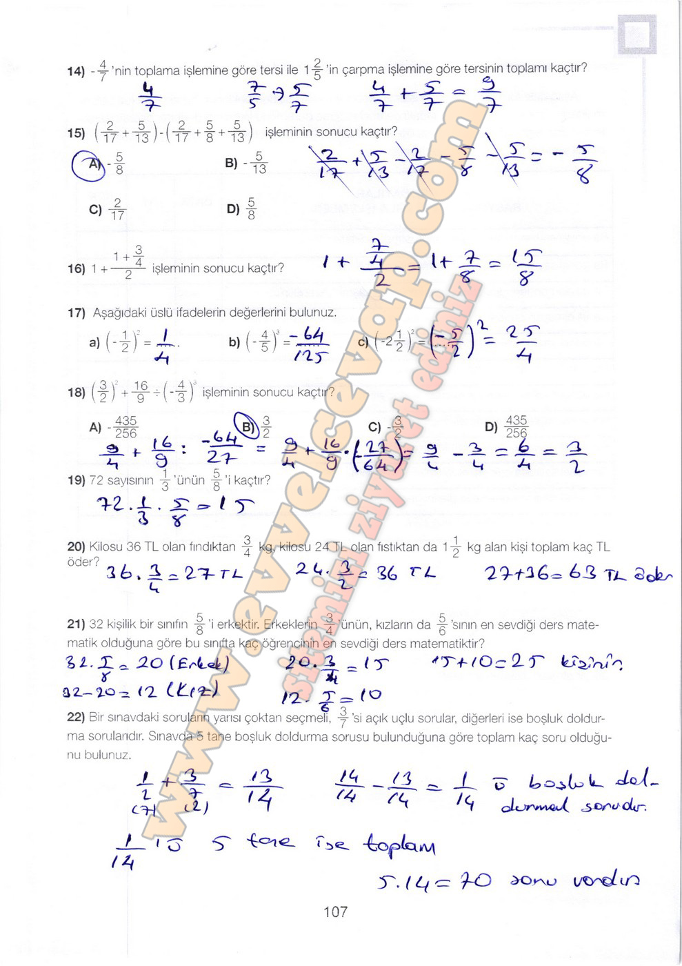 7. Sınıf Matematik Meb Yayınları Ders Kitabı Sayfa 107 Cevapları